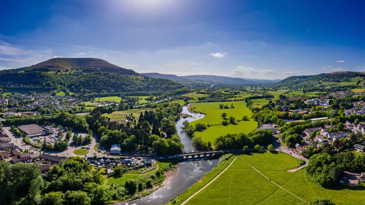 A view of the Abergavenny landscape on a sunny day