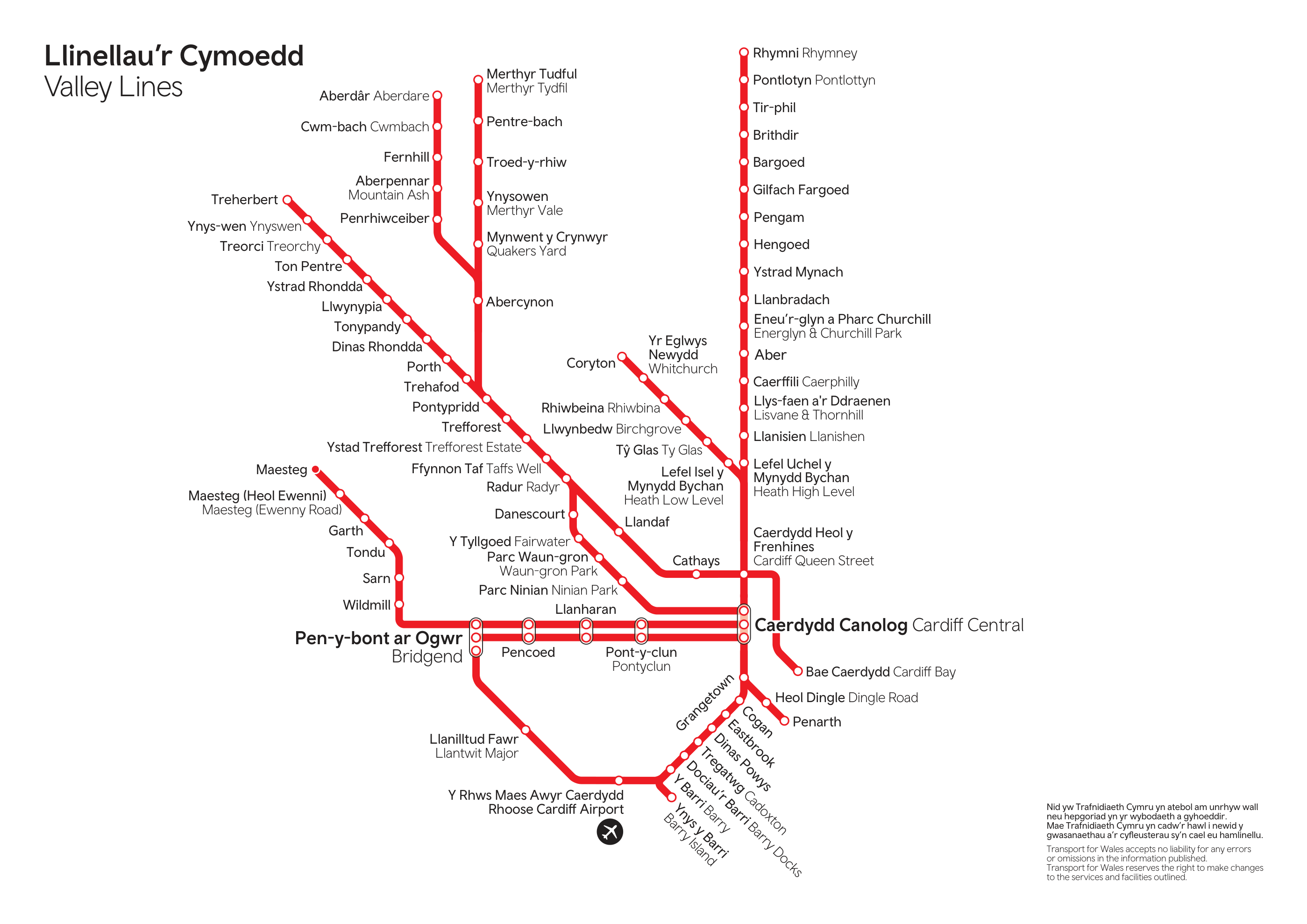 Map of the Transport for Wales (TfW) valley lines